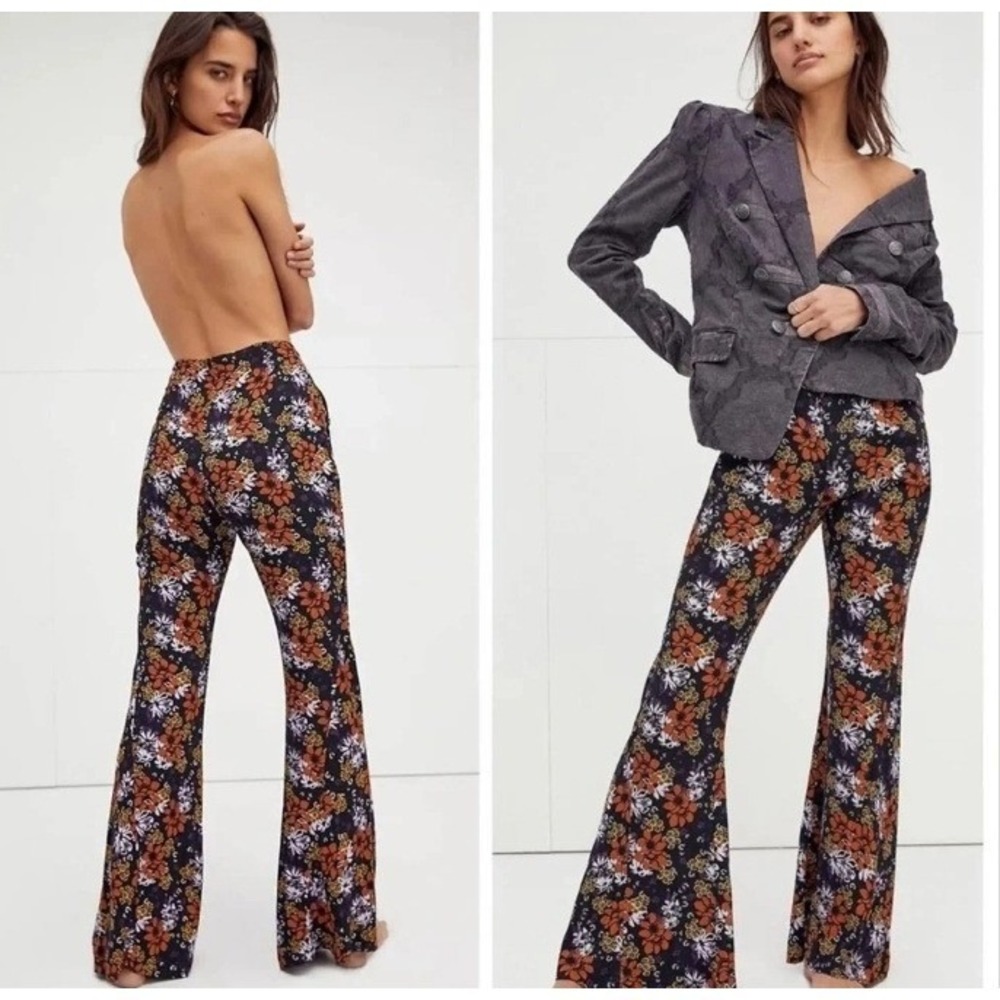 Free People Can't Take My Eyes Off You Black Floral Flare Pants M Boho Festival